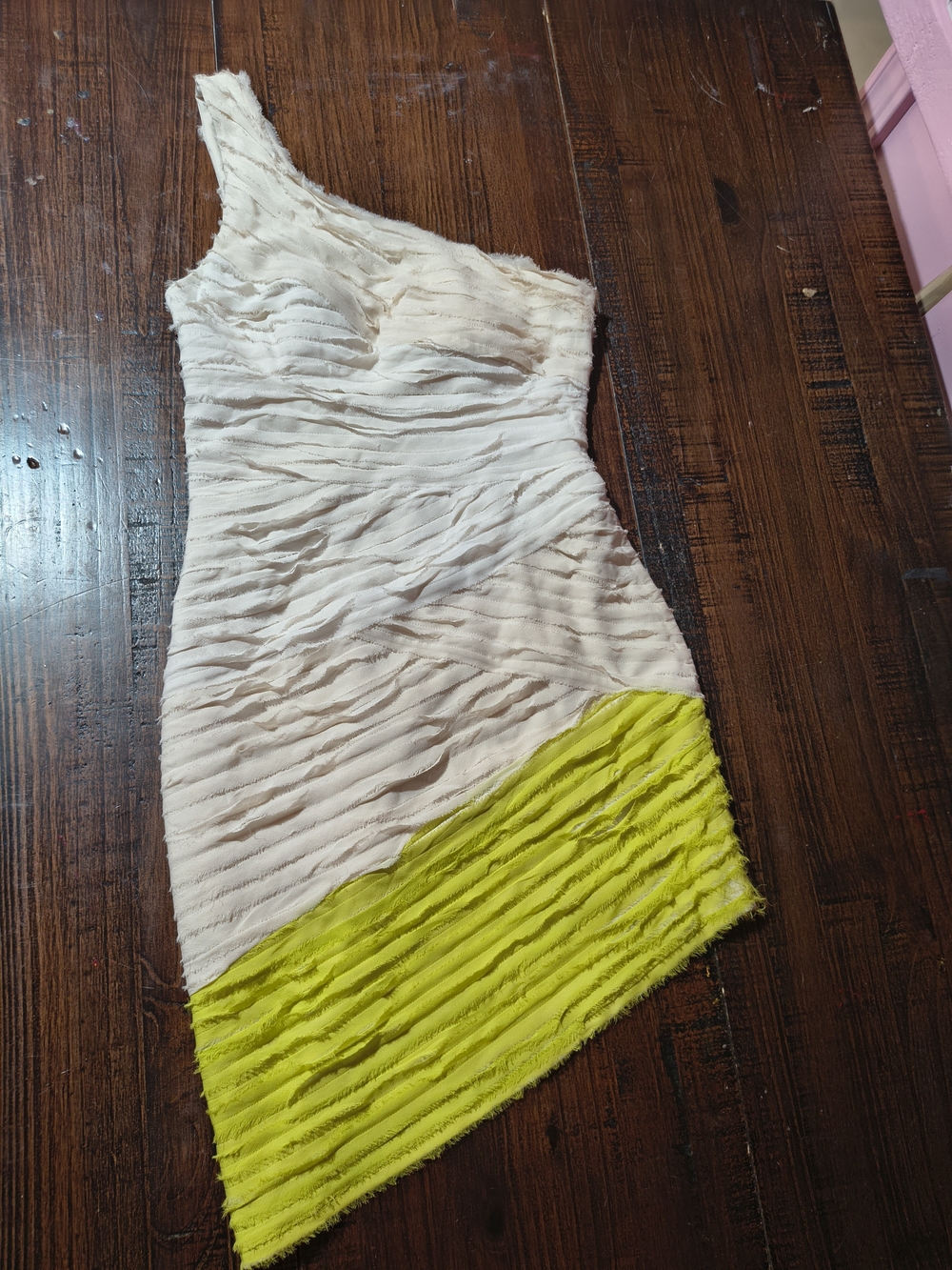 Bebe One-Shoulder Ruffled Mini Dress in Cream and Lime - Picture 14 of 16